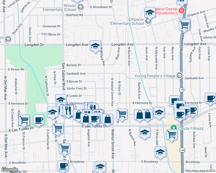 map of restaurants, bars, coffee shops, grocery stores, and more near 8455 East Santa Ynez Street in San Gabriel
