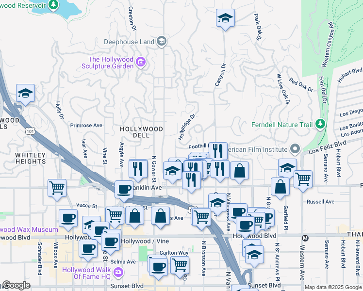 map of restaurants, bars, coffee shops, grocery stores, and more near 2241 Hollyridge Drive in Los Angeles