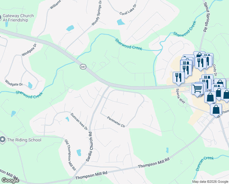 map of restaurants, bars, coffee shops, grocery stores, and more near 3357 Perimeter Circle in Buford