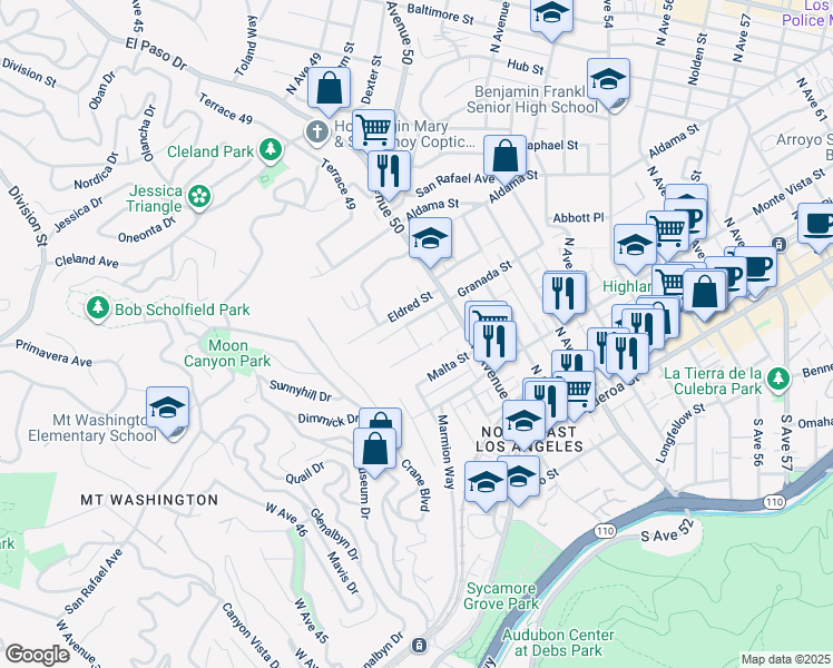 map of restaurants, bars, coffee shops, grocery stores, and more near 515 North Avenue 49 in Los Angeles
