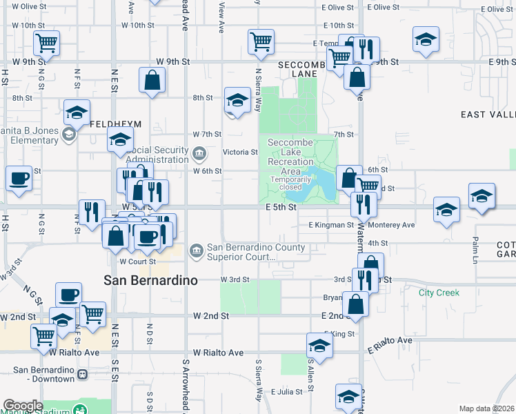 map of restaurants, bars, coffee shops, grocery stores, and more near 2 West 5th Street in San Bernardino