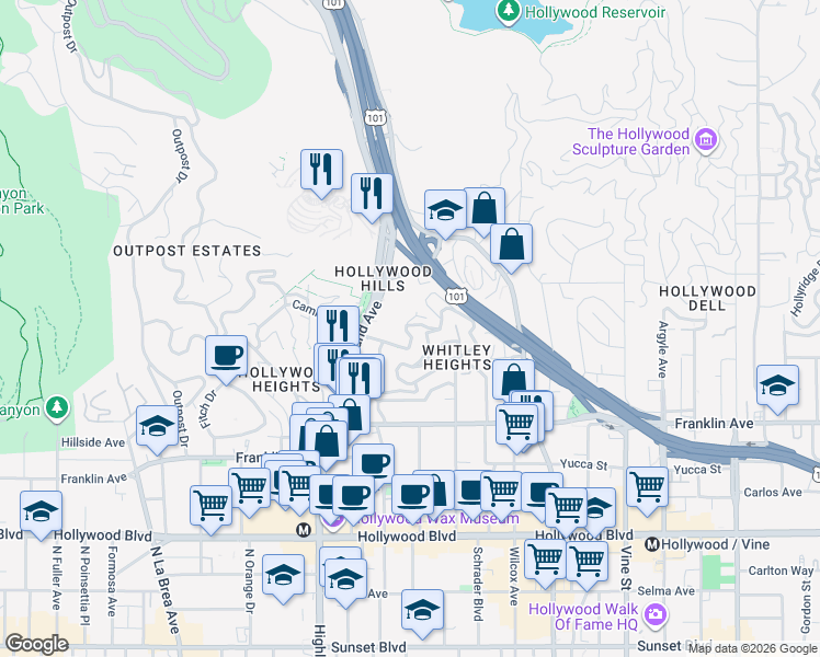 map of restaurants, bars, coffee shops, grocery stores, and more near 6727 Milner Road in Los Angeles