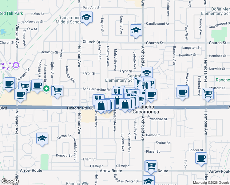 map of restaurants, bars, coffee shops, grocery stores, and more near Barstow Drive in Rancho Cucamonga