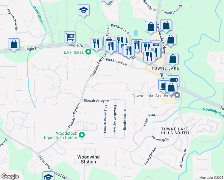 map of restaurants, bars, coffee shops, grocery stores, and more near 219 Eagle Glen Way in Woodstock
