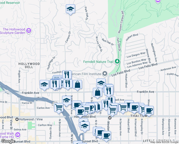 map of restaurants, bars, coffee shops, grocery stores, and more near 2039 North Gramercy Place in Los Angeles