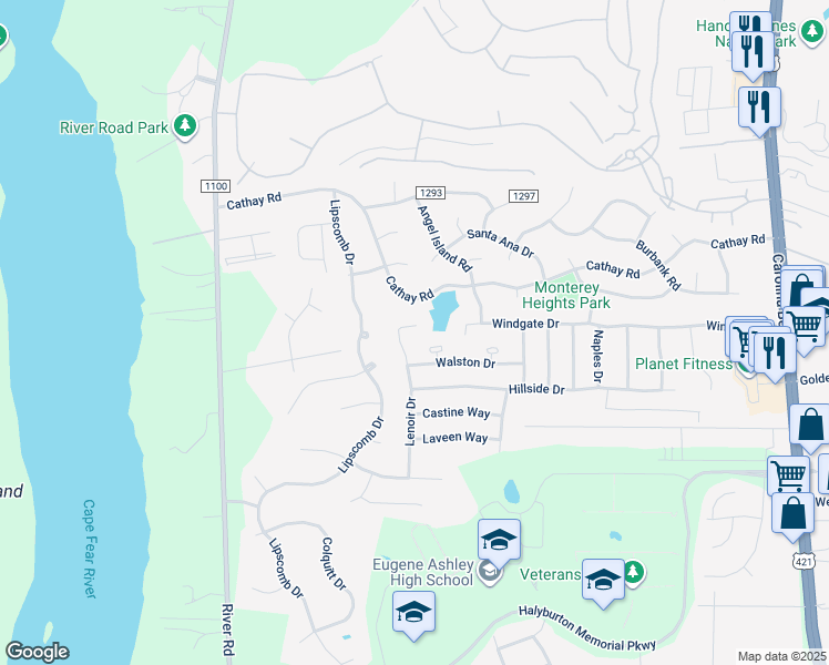 map of restaurants, bars, coffee shops, grocery stores, and more near 6309 Lenoir Drive in Wilmington