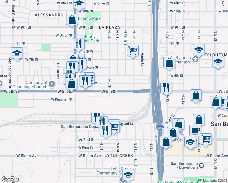 map of restaurants, bars, coffee shops, grocery stores, and more near West 5th Street in San Bernardino