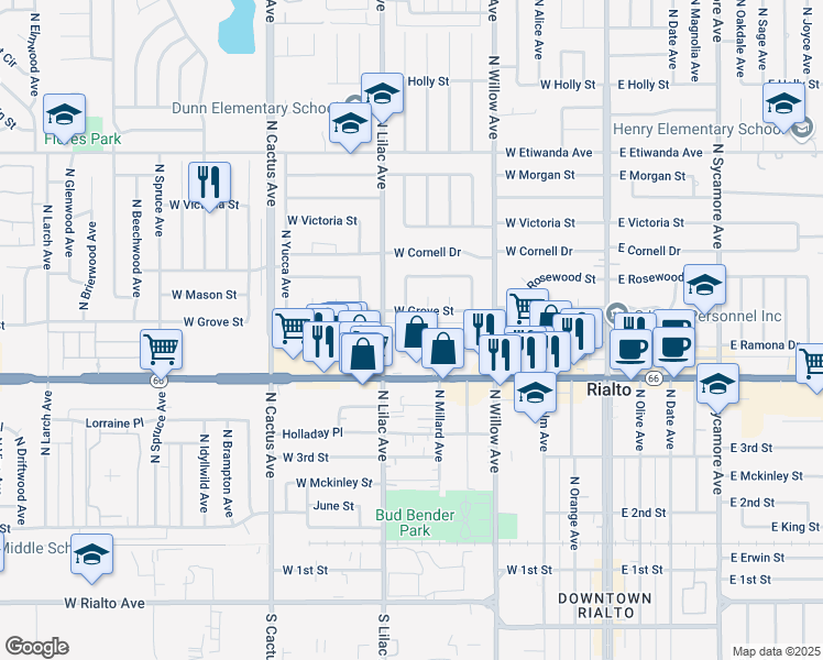 map of restaurants, bars, coffee shops, grocery stores, and more near 452 West Ramona Drive in Rialto