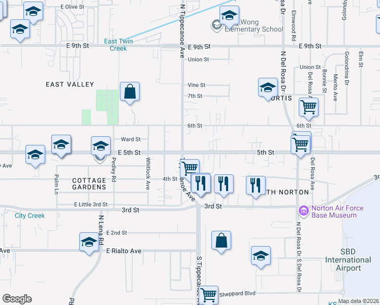 map of restaurants, bars, coffee shops, grocery stores, and more near East 5th Street in San Bernardino
