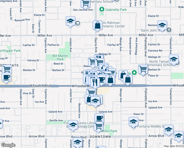 map of restaurants, bars, coffee shops, grocery stores, and more near 16859 Barbee Street in Fontana