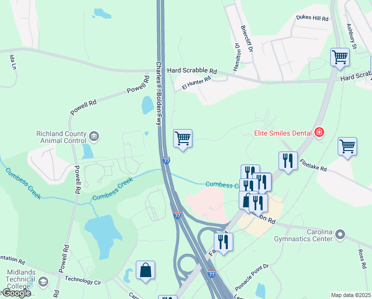 map of restaurants, bars, coffee shops, grocery stores, and more near 261 Business Park Boulevard in Columbia