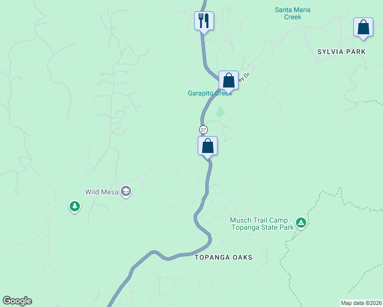 map of restaurants, bars, coffee shops, grocery stores, and more near 1323 Oakwood Drive in Topanga