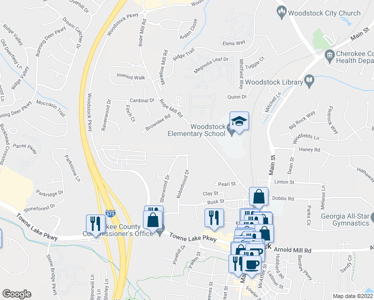 map of restaurants, bars, coffee shops, grocery stores, and more near 304 Nottingham Drive in Woodstock