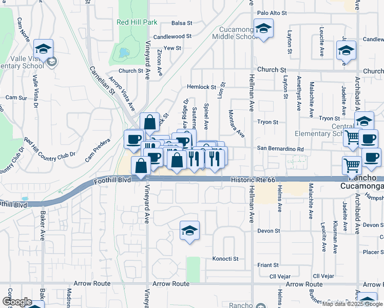 map of restaurants, bars, coffee shops, grocery stores, and more near 9059 Foothill Boulevard in Rancho Cucamonga