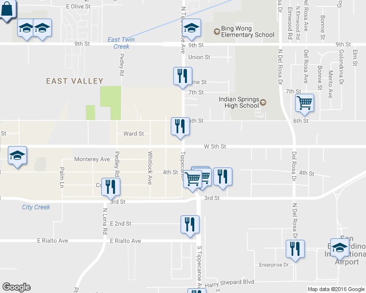 map of restaurants, bars, coffee shops, grocery stores, and more near 5th Street in Highland