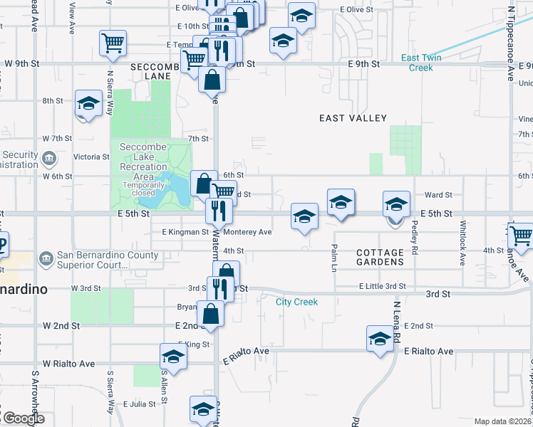 map of restaurants, bars, coffee shops, grocery stores, and more near 24744 West 5th Street in San Bernardino