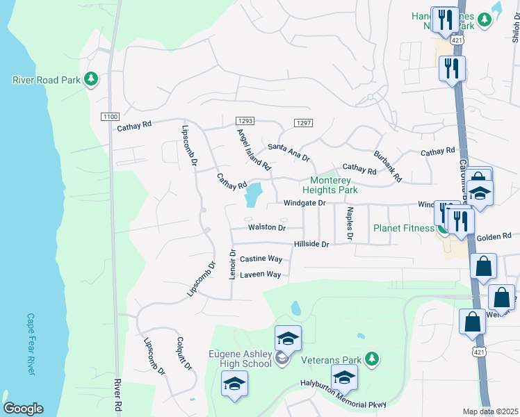 map of restaurants, bars, coffee shops, grocery stores, and more near 609 Wingate Drive in Wilmington
