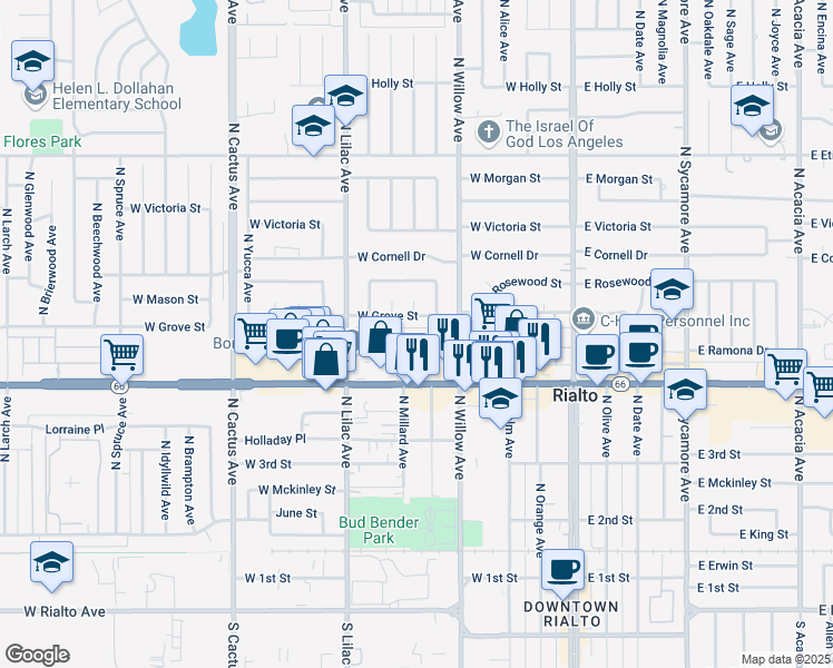 map of restaurants, bars, coffee shops, grocery stores, and more near 372 West Ramona Drive in Rialto