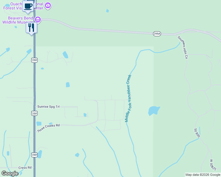 map of restaurants, bars, coffee shops, grocery stores, and more near 249 Split Paddle Lane in Broken Bow