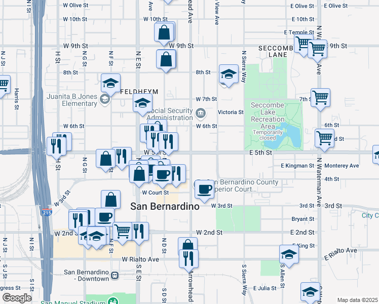 map of restaurants, bars, coffee shops, grocery stores, and more near in San Bernardino