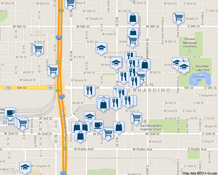 map of restaurants, bars, coffee shops, grocery stores, and more near 550 West 5th Street in San Bernardino