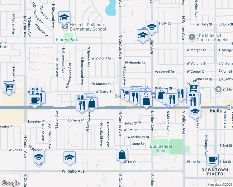 map of restaurants, bars, coffee shops, grocery stores, and more near 501 North Fillmore Avenue in Rialto