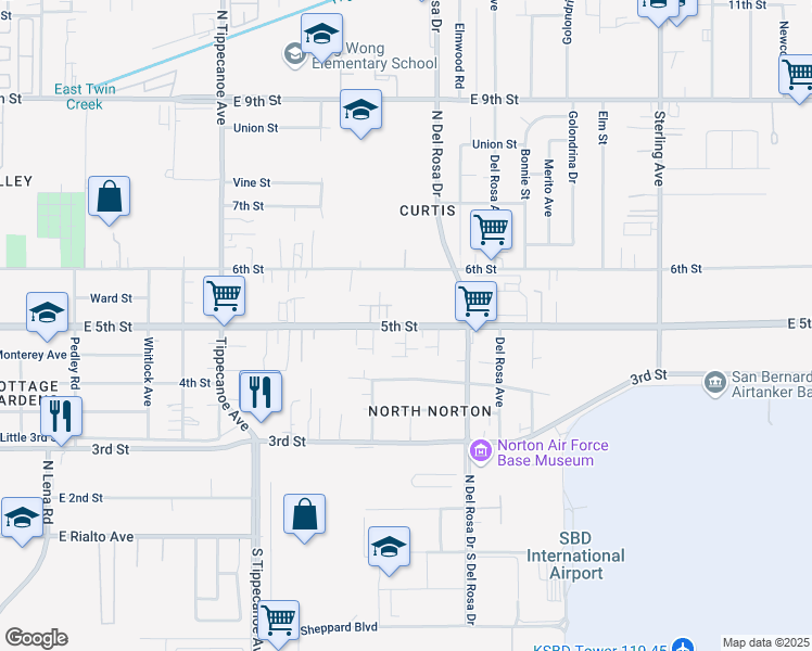 map of restaurants, bars, coffee shops, grocery stores, and more near East 5th Street in San Bernardino
