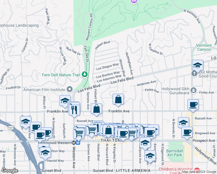 map of restaurants, bars, coffee shops, grocery stores, and more near 2071 Laughlin Park Drive in Los Angeles