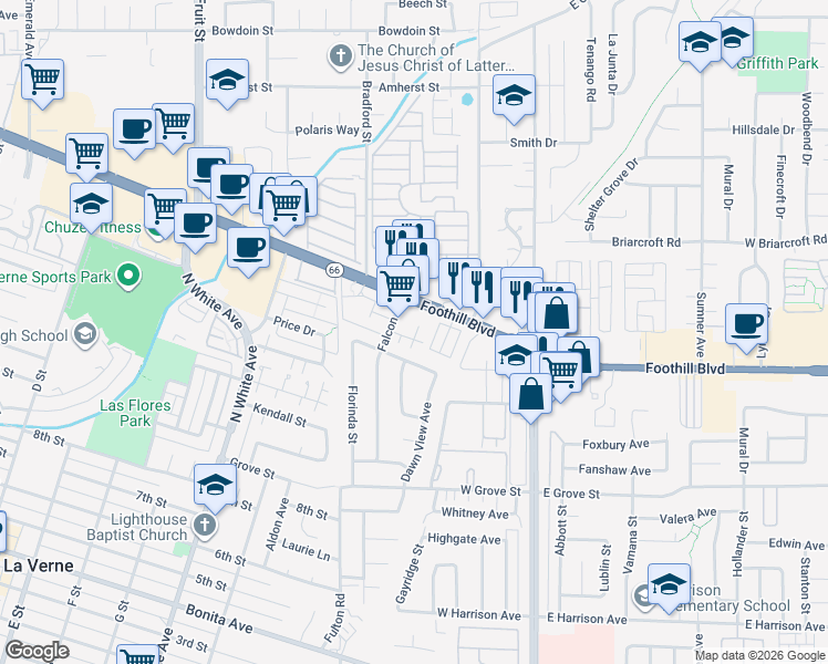 map of restaurants, bars, coffee shops, grocery stores, and more near 3420 Falcon Street in Pomona