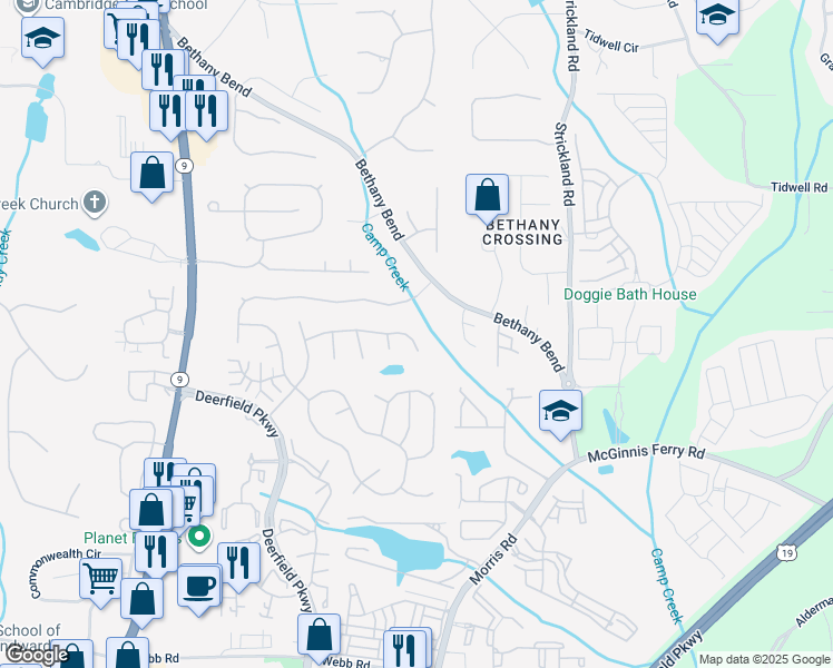 map of restaurants, bars, coffee shops, grocery stores, and more near 3390 Sonata Lane in Alpharetta
