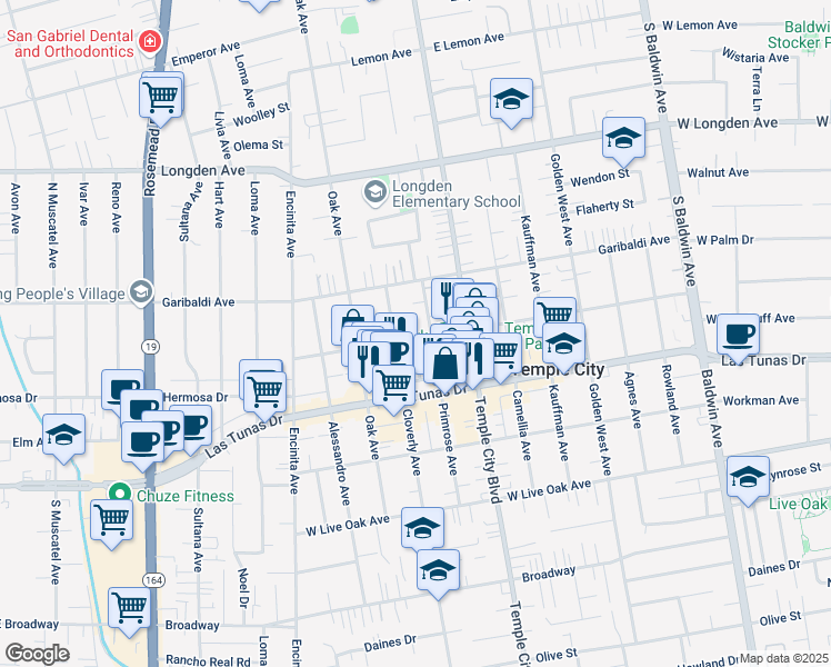 map of restaurants, bars, coffee shops, grocery stores, and more near 9523 Woodruff Avenue in Temple City