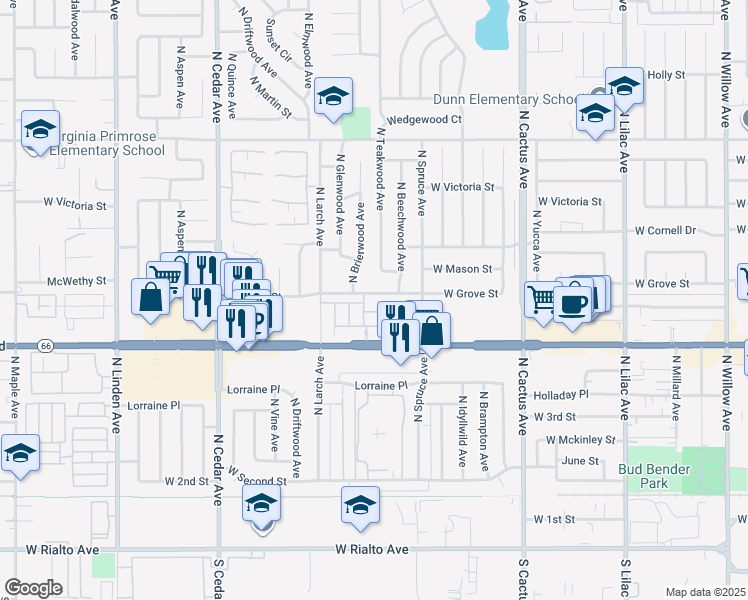 map of restaurants, bars, coffee shops, grocery stores, and more near 997 West Grove Street in Rialto