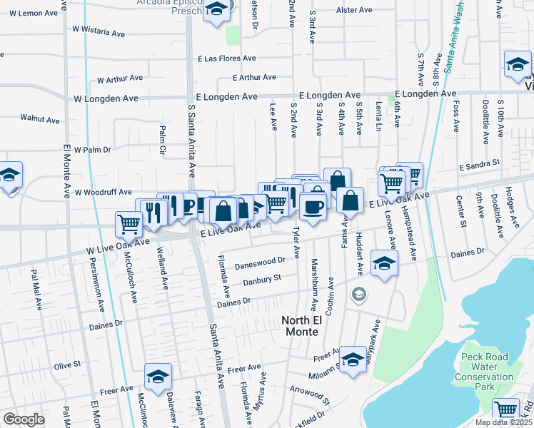 map of restaurants, bars, coffee shops, grocery stores, and more near 135 East Live Oak Avenue in Arcadia