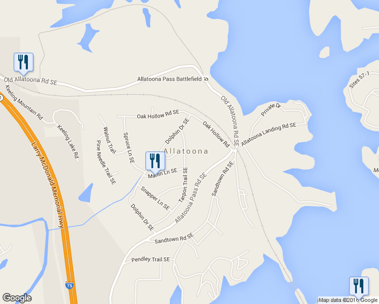 map of restaurants, bars, coffee shops, grocery stores, and more near 128 Tarpon Trail Southeast in Cartersville