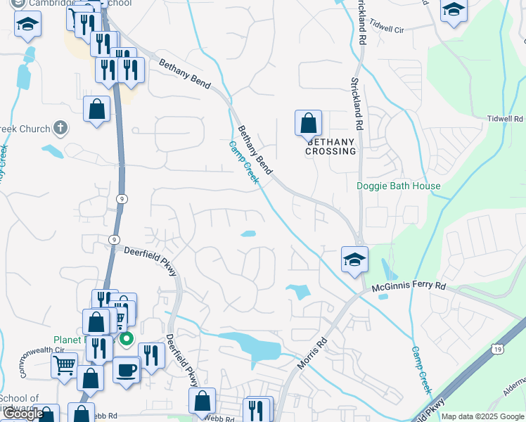 map of restaurants, bars, coffee shops, grocery stores, and more near 3380 Sonata Lane in Alpharetta