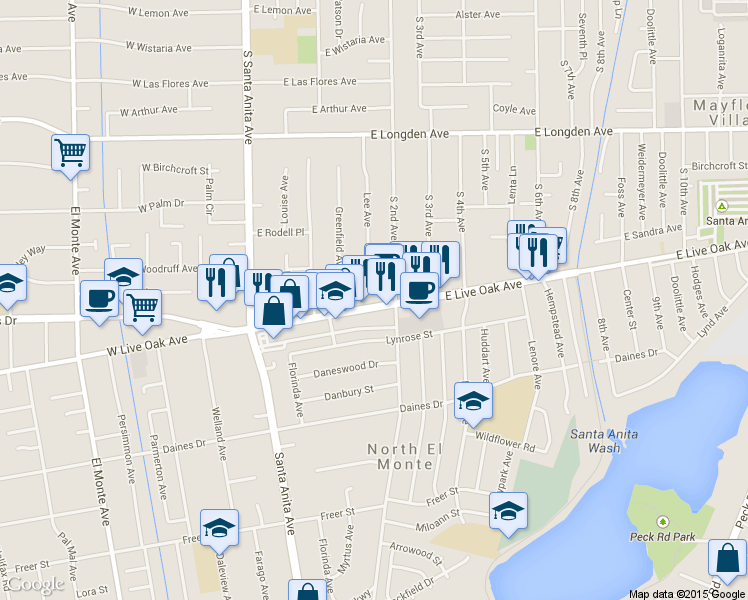 map of restaurants, bars, coffee shops, grocery stores, and more near 135 E Live Oak Ave in Arcadia