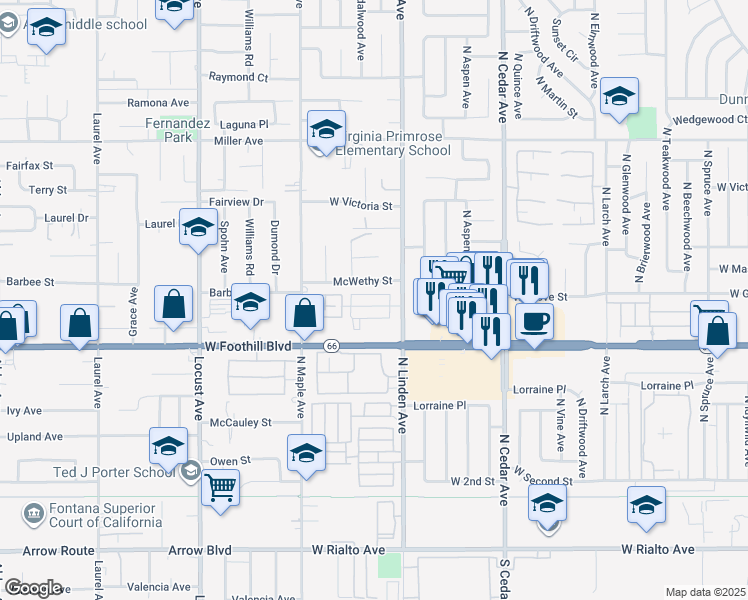 map of restaurants, bars, coffee shops, grocery stores, and more near 1550 West Ramona Drive in Rialto