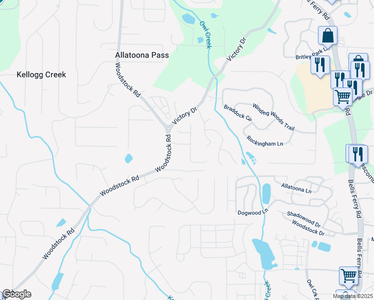 map of restaurants, bars, coffee shops, grocery stores, and more near 222 Gallant Fox Way in Acworth