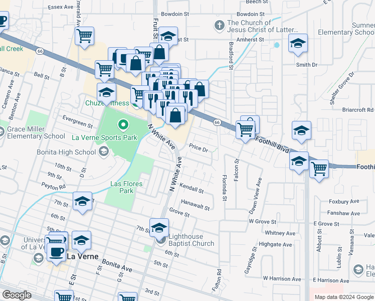 map of restaurants, bars, coffee shops, grocery stores, and more near 3454 Towne Center Drive in La Verne