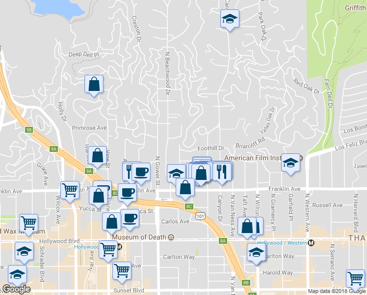 map of restaurants, bars, coffee shops, grocery stores, and more near 2247 Hollyridge Drive in Los Angeles
