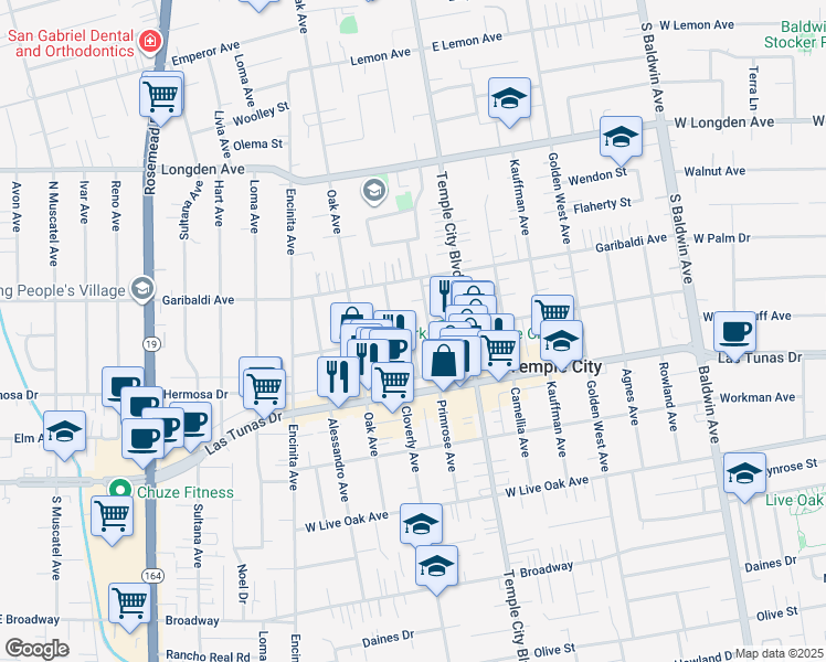 map of restaurants, bars, coffee shops, grocery stores, and more near 9523 Woodruff Avenue in Temple City