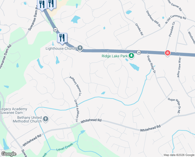 map of restaurants, bars, coffee shops, grocery stores, and more near 5442 Pepperbush Court in Sugar Hill