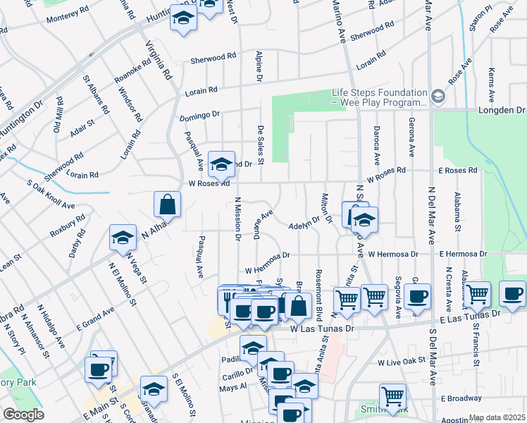 map of restaurants, bars, coffee shops, grocery stores, and more near 373 Duane Avenue in San Gabriel