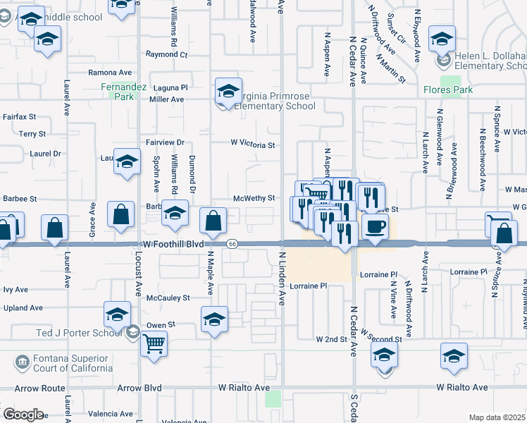 map of restaurants, bars, coffee shops, grocery stores, and more near 1550 West Ramona Drive in Rialto