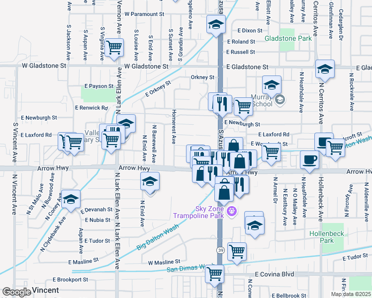 map of restaurants, bars, coffee shops, grocery stores, and more near 17228 East Woodcroft Street in Azusa