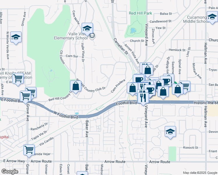 map of restaurants, bars, coffee shops, grocery stores, and more near 8555 Red Hill Country Club Drive in Rancho Cucamonga