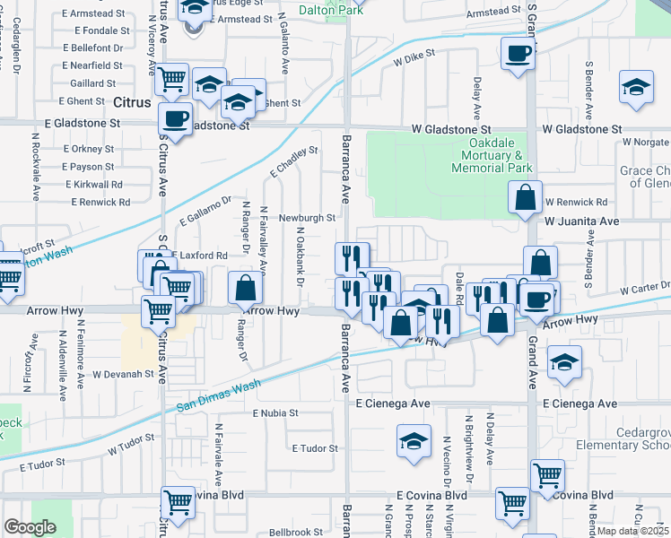 map of restaurants, bars, coffee shops, grocery stores, and more near 18849 East Woodcroft Street in Covina