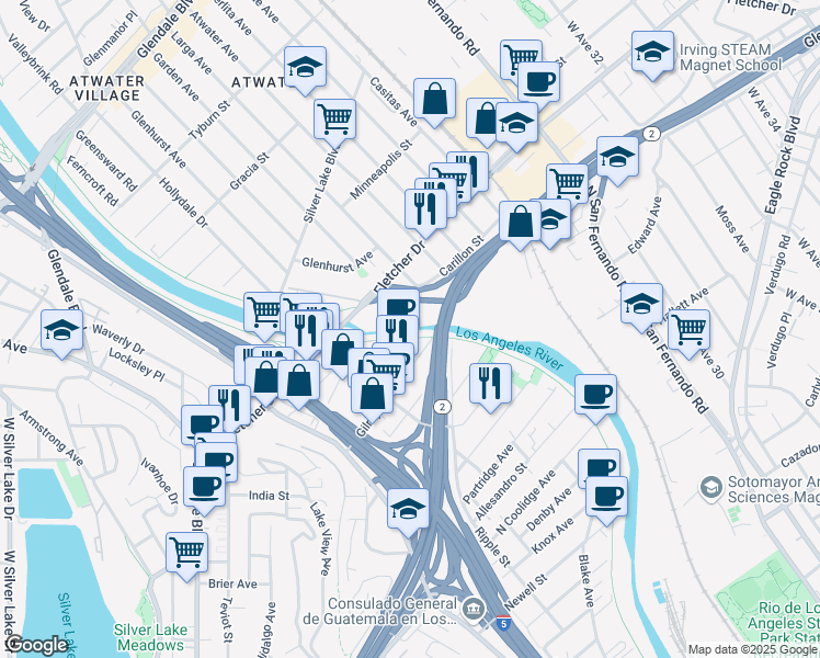 map of restaurants, bars, coffee shops, grocery stores, and more near 3021 Gilroy Street in Los Angeles
