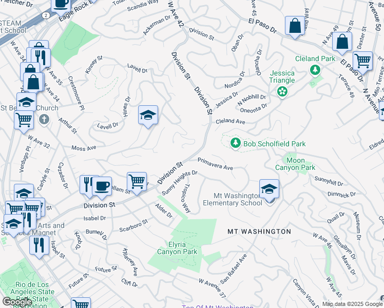 map of restaurants, bars, coffee shops, grocery stores, and more near 3611 Division Street in Los Angeles