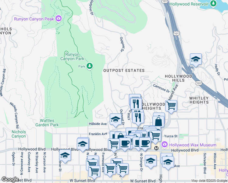 map of restaurants, bars, coffee shops, grocery stores, and more near 2082 Outpost Drive in Los Angeles